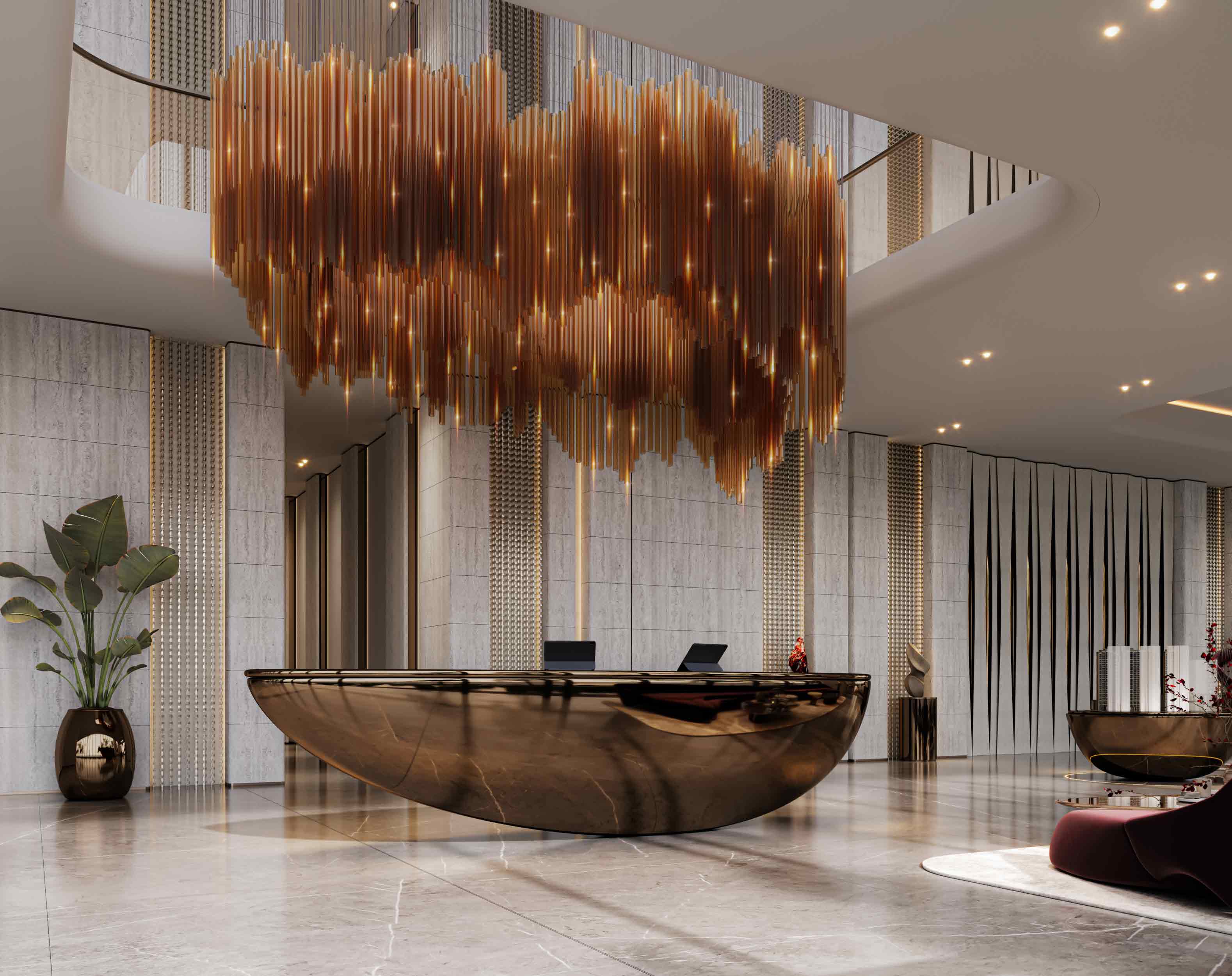 The Symphony By Imtiaz Modern reception area featuring a sleek, rounded desk, decorative lighting, and lush green plants.